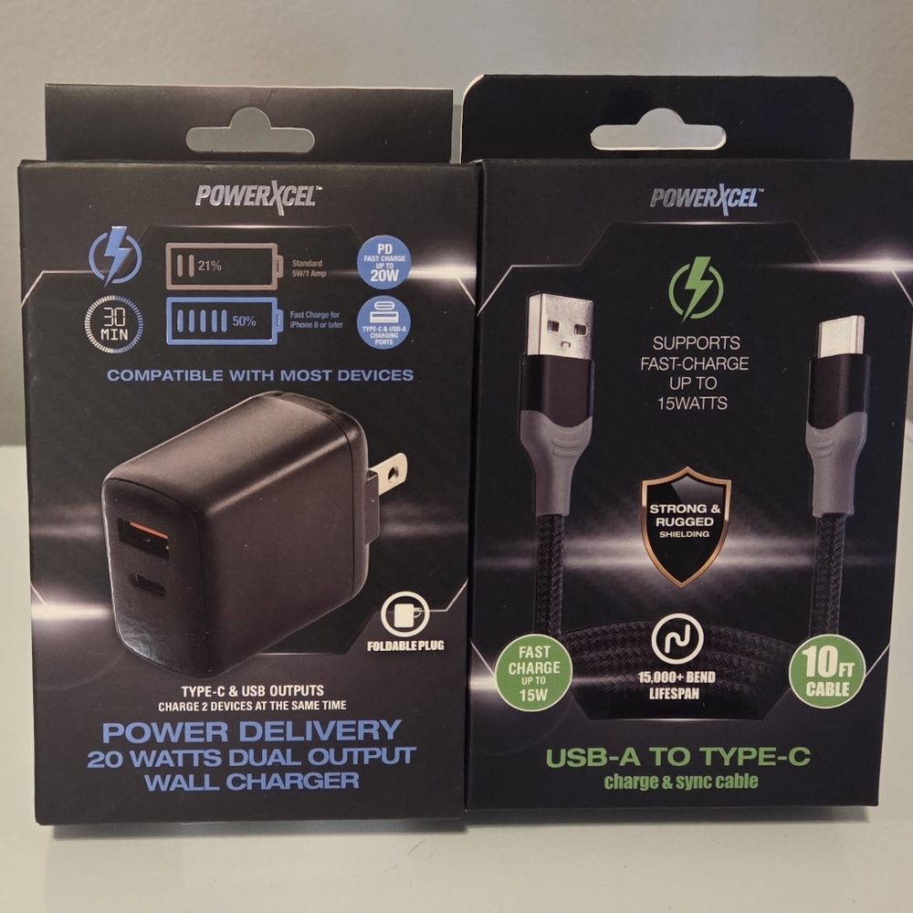 •PowerXcel 2pk•Dual Output 20W USB A-C Wall Charger & 10ft USB A-C 15W Cable NIB